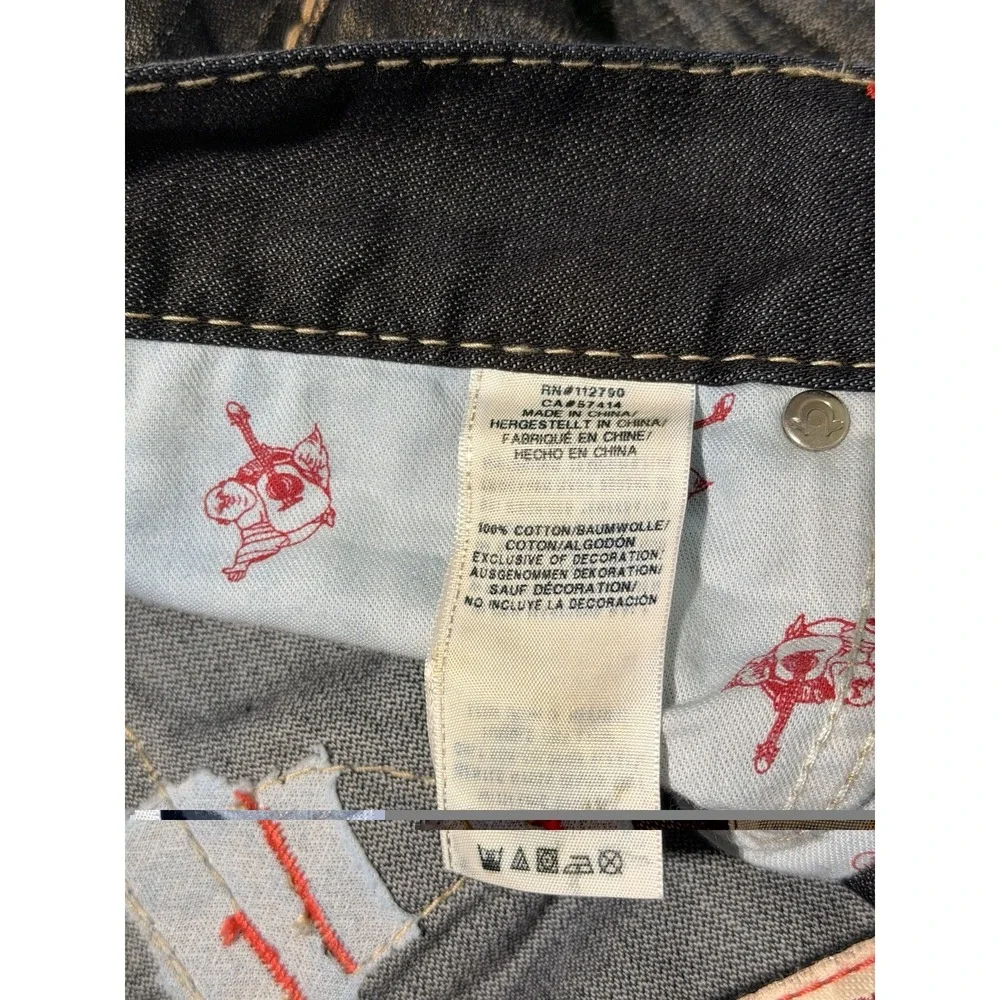 True Religion Straight Jeans Men's 34 Dark Wash Red Stitch Flap Pocket Y2K Denim